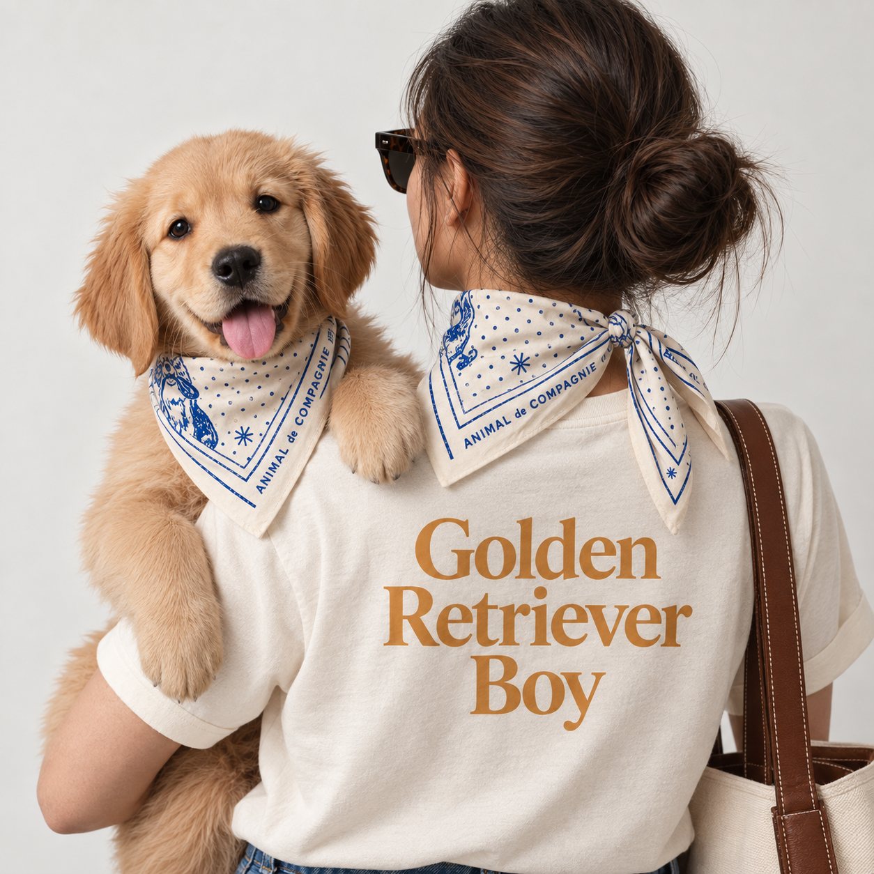Golden Retriever Boy tee worn with the ADC bandana and a golden puppy