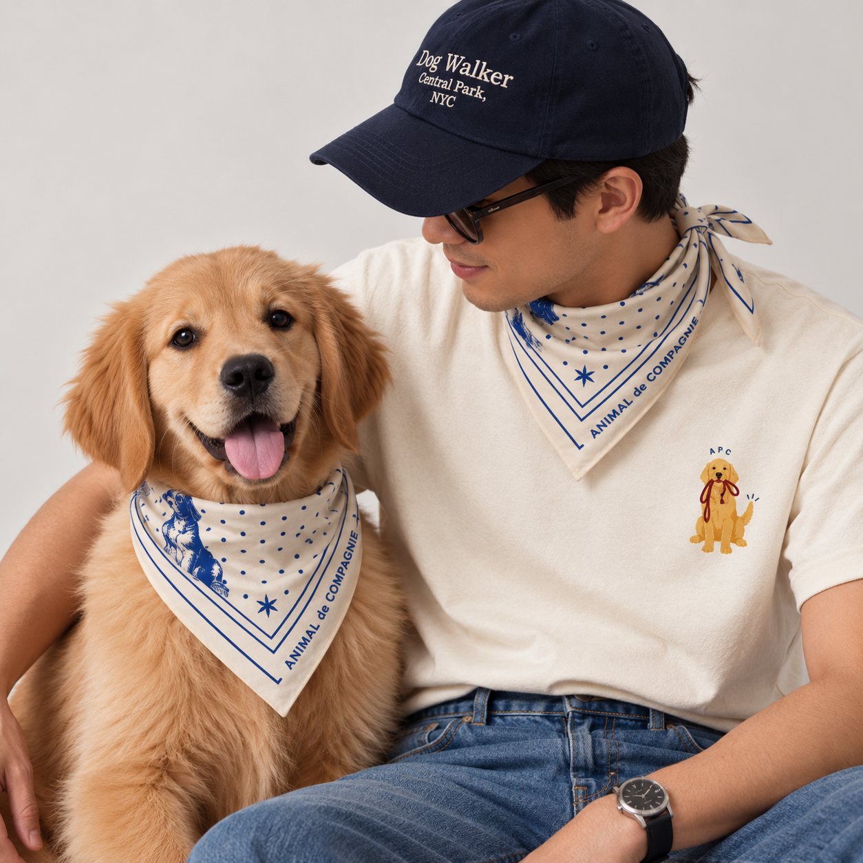 The drawing on the tee chest and the bandana, worn with a golden retriever