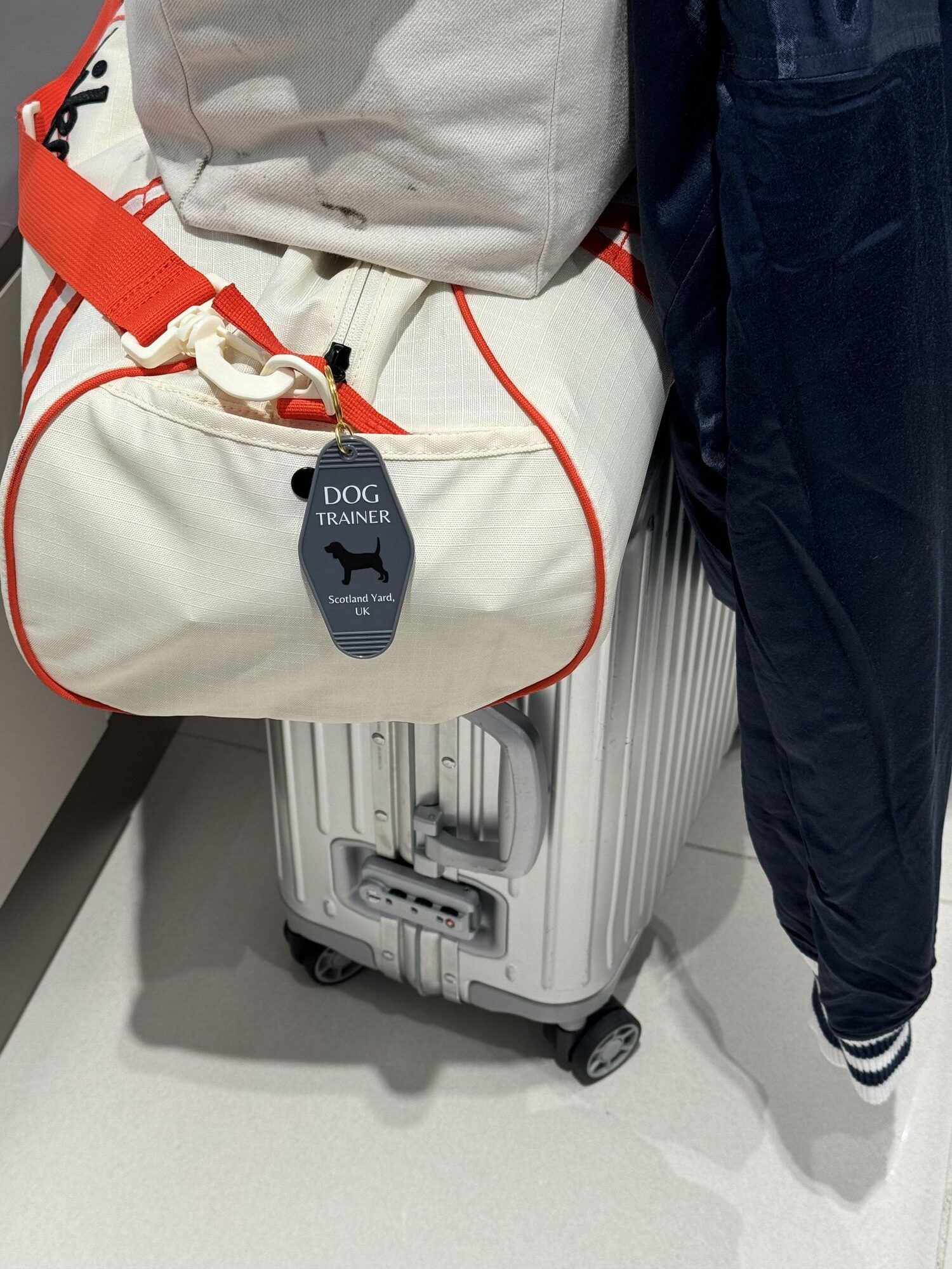 ADC Dog Trainer enamel keychain clipped to luggage — travel companion accessory