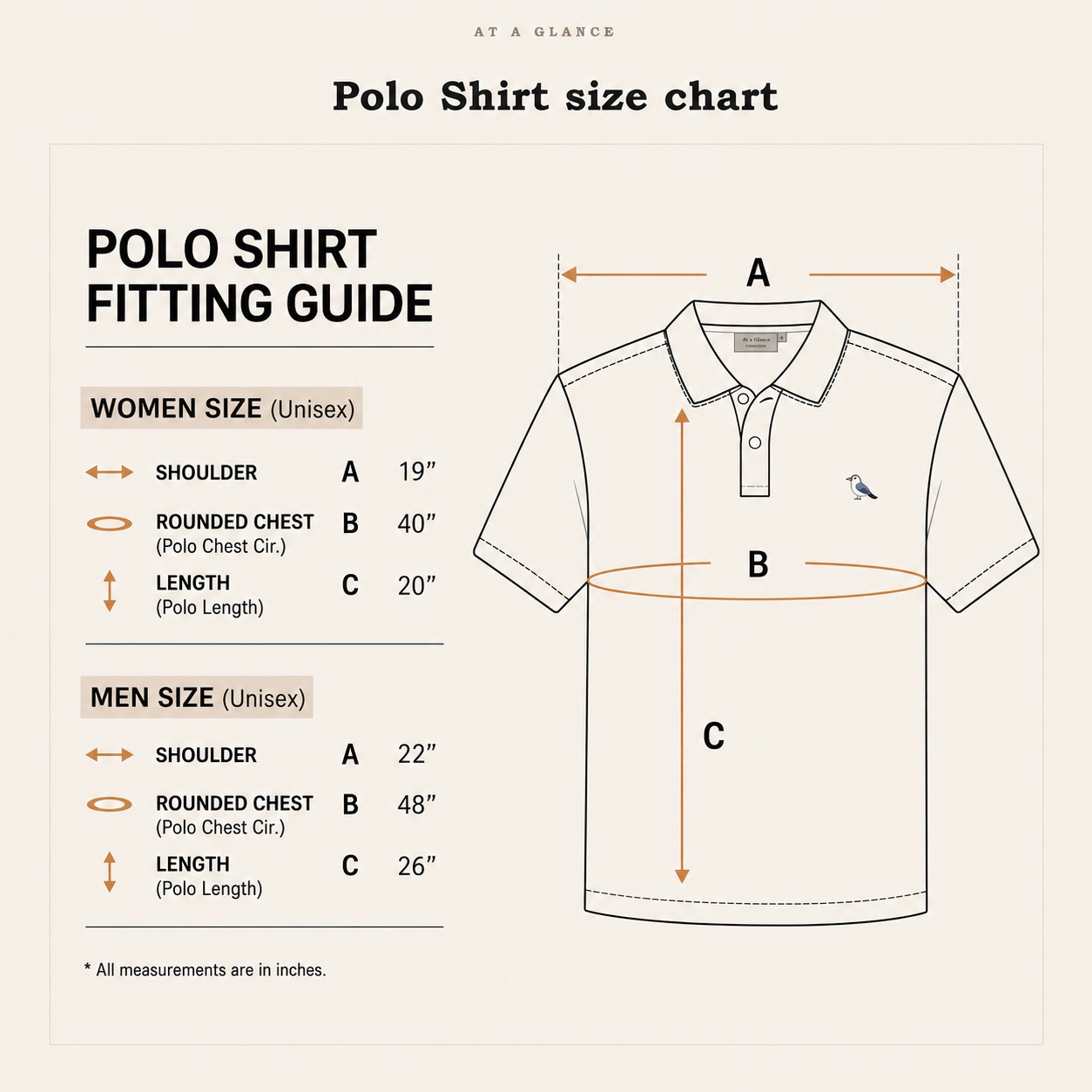 Animal de Compagnie polo shirt size chart — women's and men's unisex measurements for shoulder, chest, and length