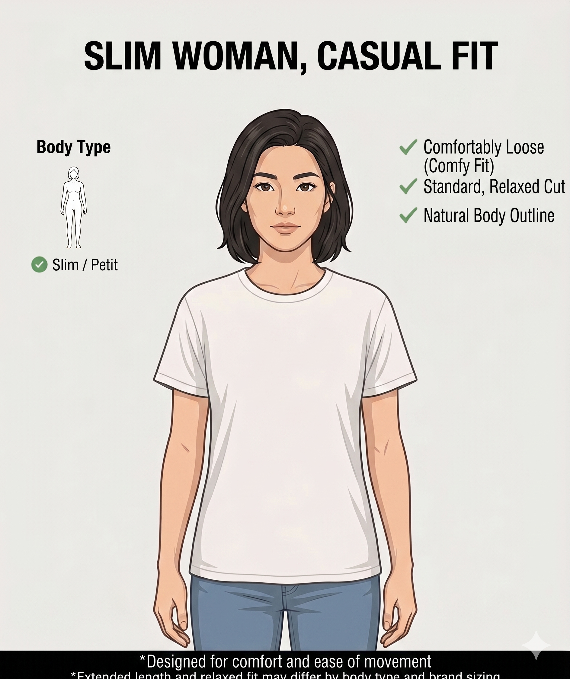 Slim woman wearing Size 2 — casual loose fit