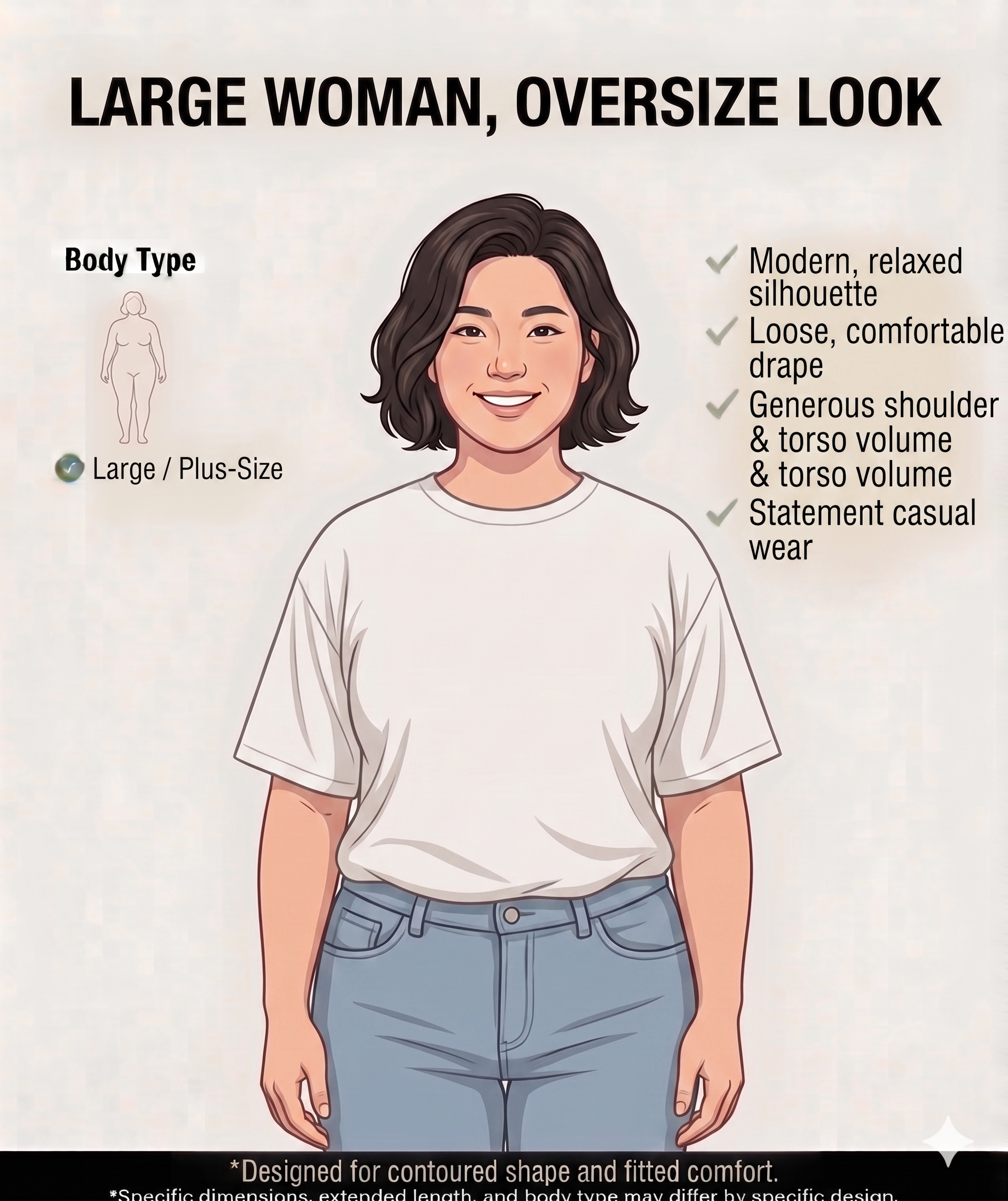Large woman wearing Size 4 — oversize look