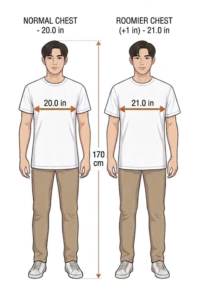 Diagram showing the roomier chest measurement principle for Asian fit
